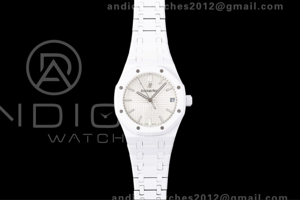 Royal Oak 41mm 15500 White Ceramic ZF White Dial on White Ceramic Bracelet SA4302 Super Clone (Free Sprung)