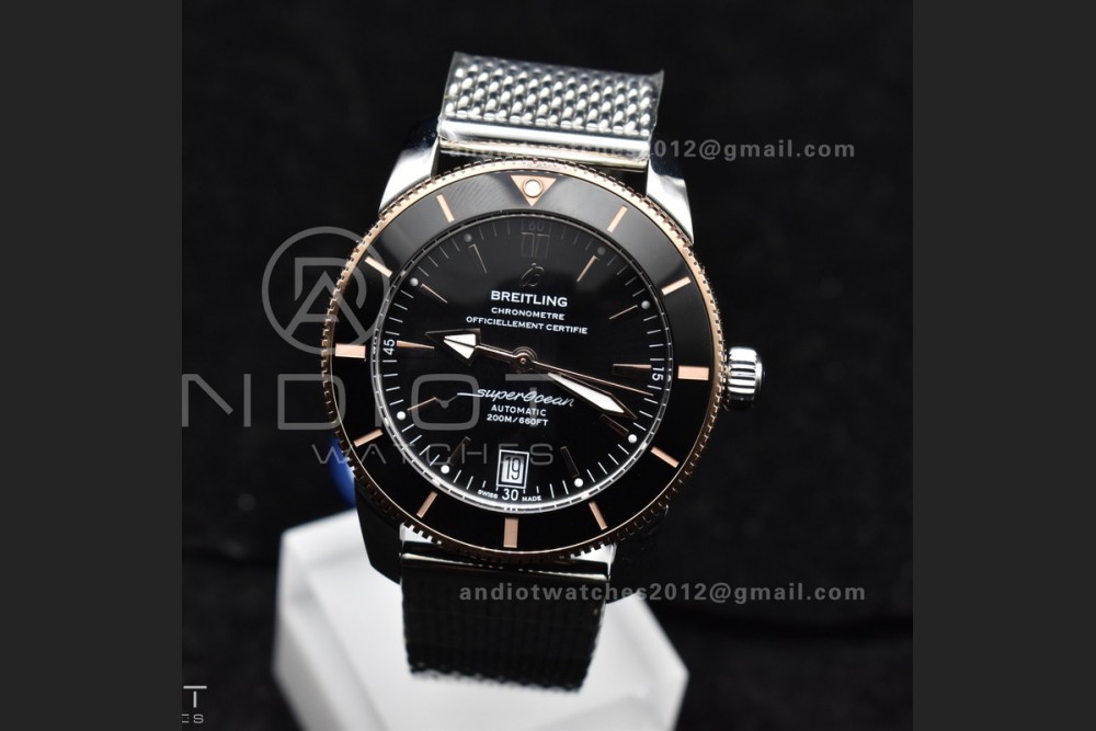 SuperOcean Heritage II BLSF 42mm SS Black Dial Black Ceramic Bezel on RG Bezel and Rubber Bracelet A2824