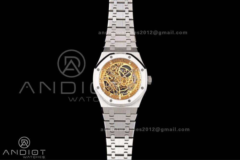Royal Oak 41mm Openworked 15407 SS DDF 1:1 Best Edition YG Dial on SS Bracelet SA3132 Double Balance Wheels