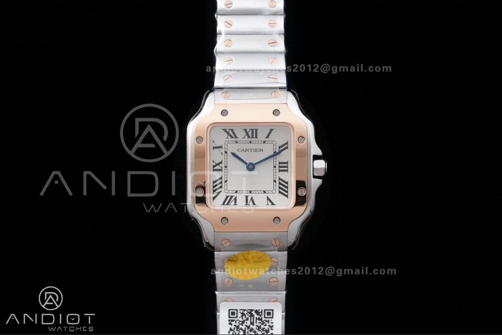 Santos W2SA0033 27x34mm AF 1:1 Best Edition Silver Dial ON SS/RG SmartLinks Bracelet Ronda Quartz — photo 3