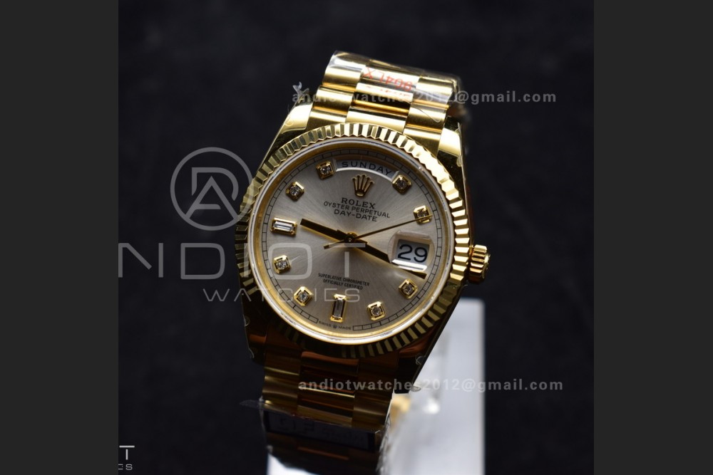DayDate 36 YG QF Best Edition 904L Steel Silver Dial with Square Diamond on President Bracelet vr3255 V5 (Gain Weight)