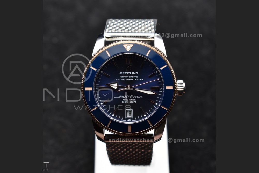 SuperOcean Heritage II BLSF 42mm SS Blue Dial Blue Ceramic Bezel on RG Bezel and Mesh Bracelet A2824