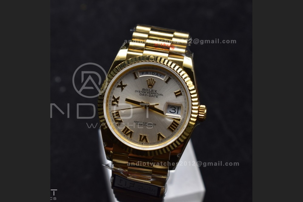 DayDate 36 YG QF Best Edition 904L Steel Silver Dial with Roman Markers on President Bracelet vr3255 V5 (Gain Weight)