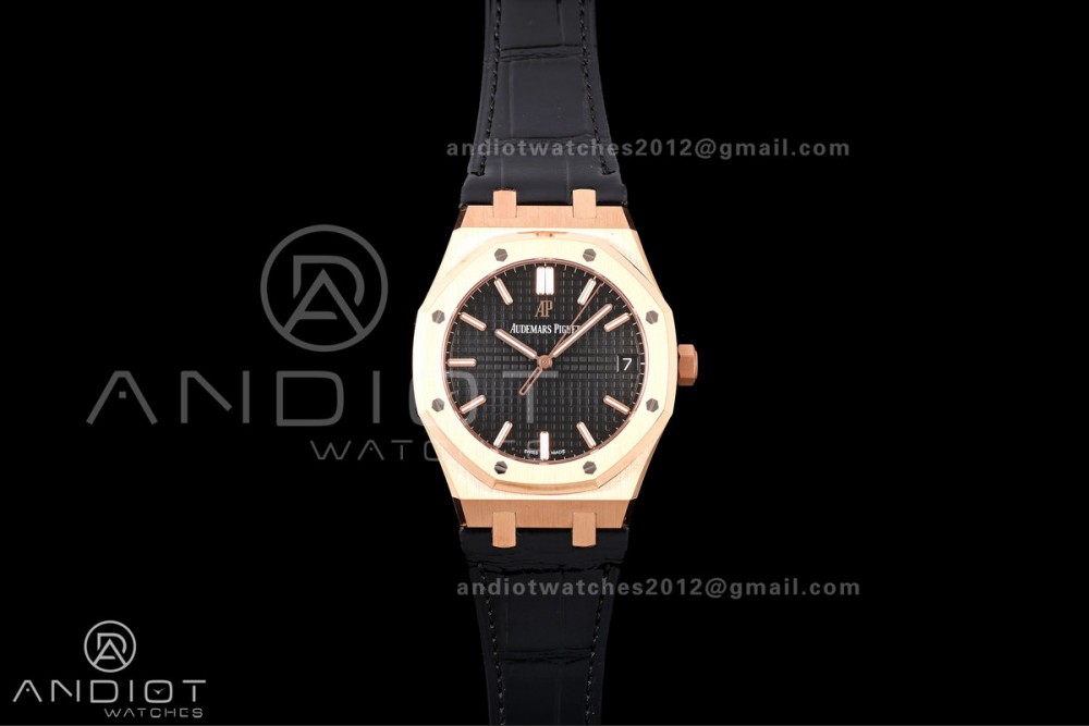 Royal Oak 41mm 15500 RG DDF 1:1 Best Edition Black Dial on Black Leather Strap DD4302 Super Clone (Weighted)
