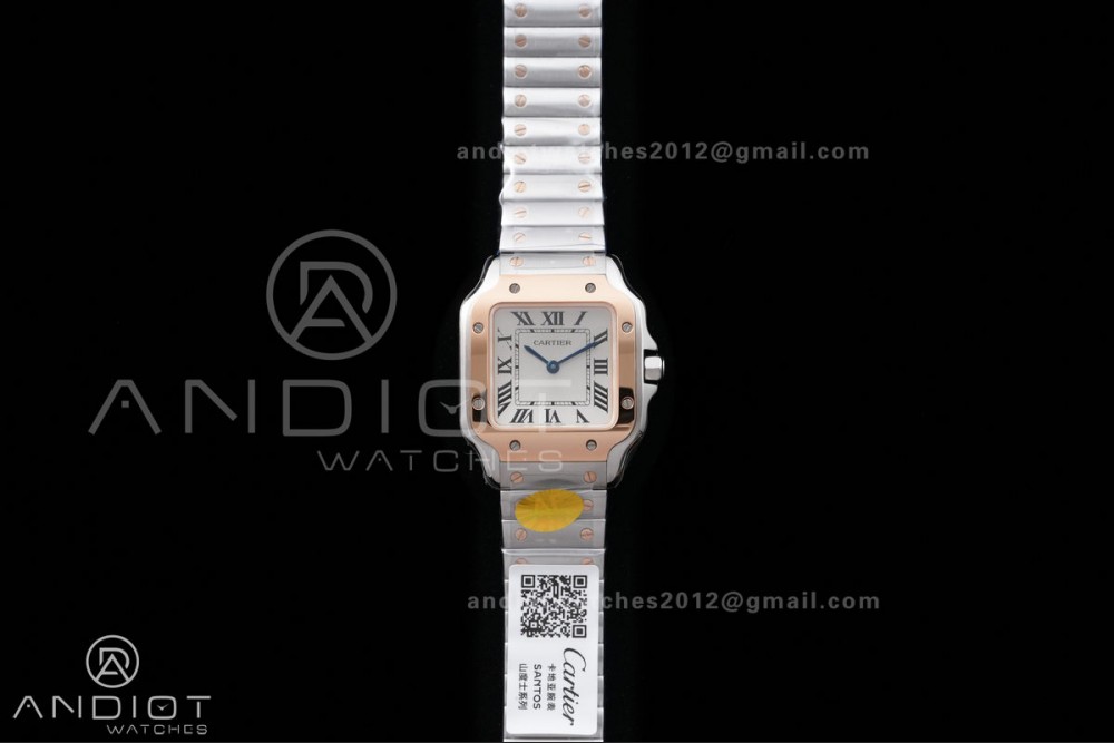 Santos W2SA0033 27x34mm AF 1:1 Best Edition Silver Dial ON SS/RG SmartLinks Bracelet Ronda Quartz