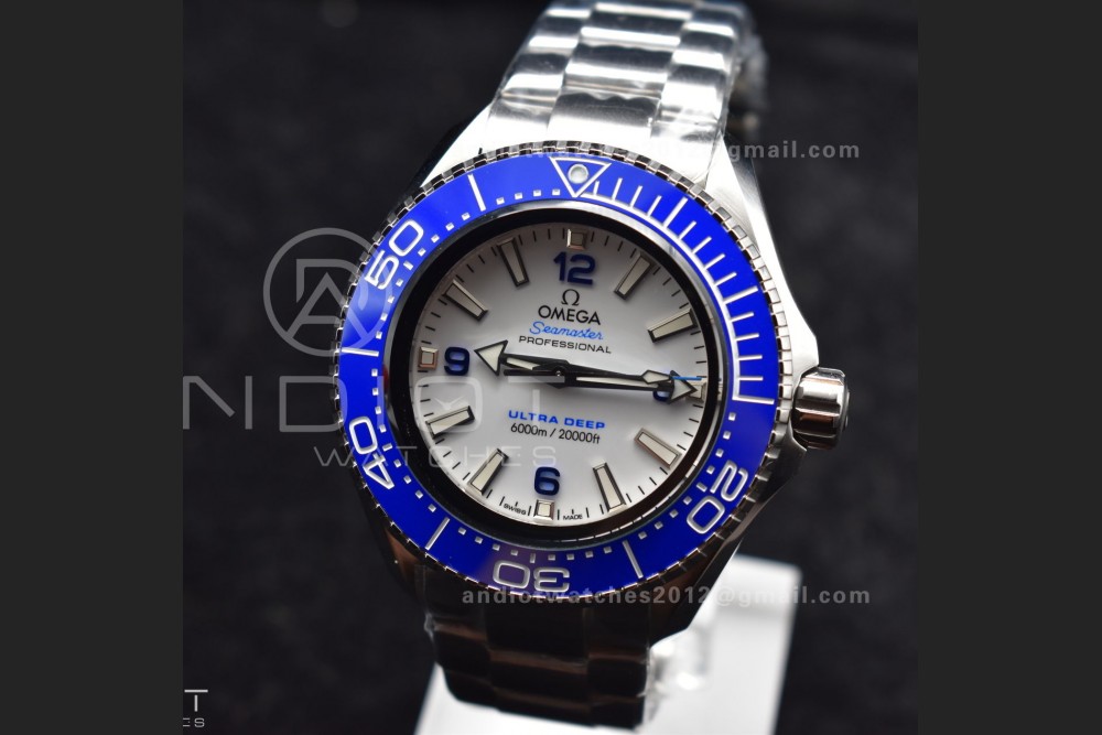 Seamaster 6000M Ultra Deep SS TF 1:1 Best Edition White Dial Blue Ceramic Bezel on SS Bracelet A2824