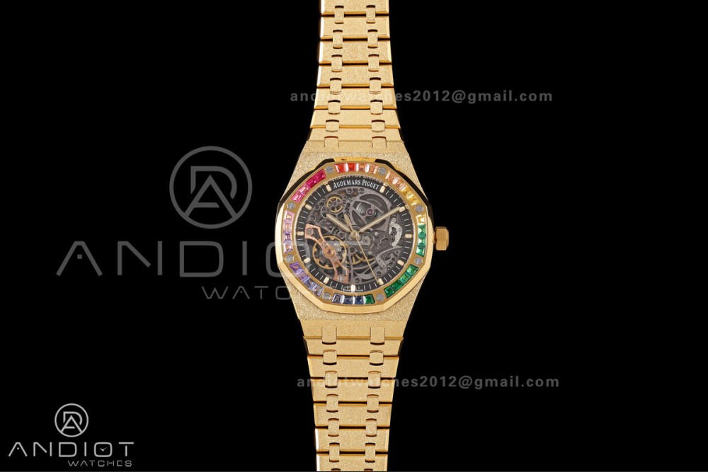 Royal Oak 41mm Openworked Frosted YG Rainbow Bezel OCTA 1:1 Best Edition on Bracelet SA3132 V3 (Free Sprung)