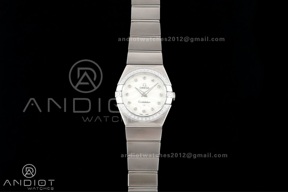 Constellation 28mm SS 8848F 1:1 Best Edition White MOP Textured Dial Diamonds Bezel on SS Bracelet ETA Quartz