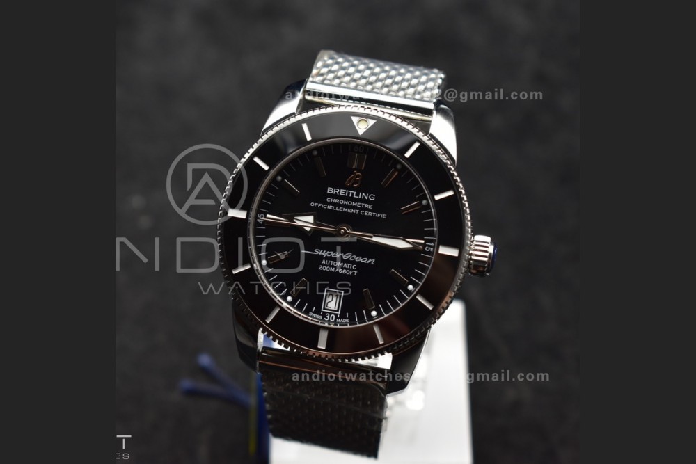 Super Ocean Heritage II BLSF 42mm SS Black Dial Black Ceramic Bezel on SS Mesh Bracelet A2824