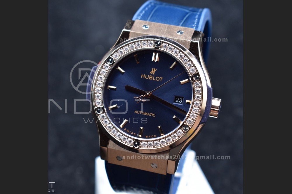 Classic Fusion 45mm SS HBF 1:1 Best Edition Blue Dial with Diamond Bezel on Blue Gummy Strap A2892