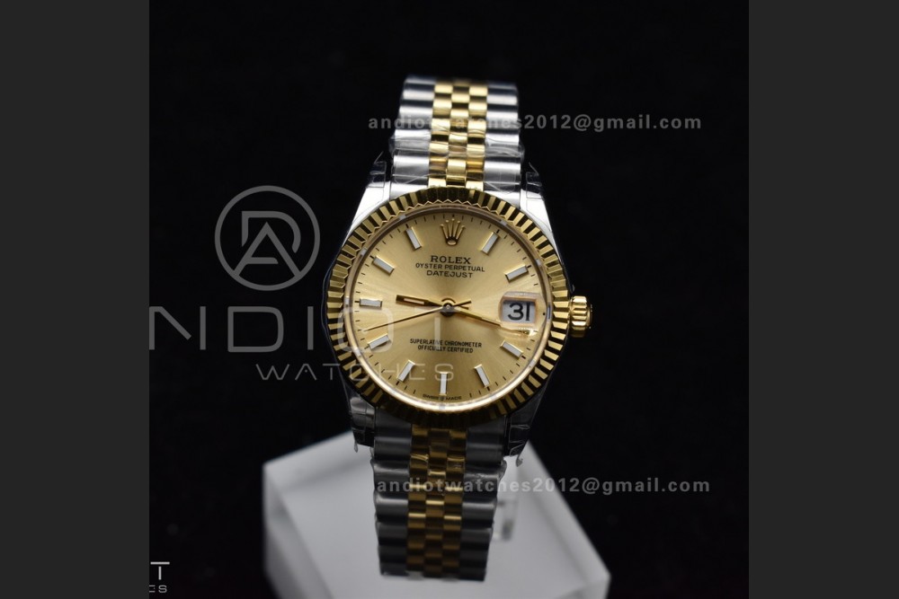 DateJust 31 Ladies 278273 GSF 316L Steel Gold Dial Stick Markers On YG President Bracelet