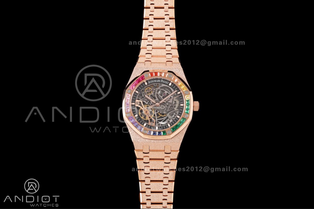 Royal Oak 41mm Openworked Frosted RG Rainbow Bezel OCTA 1:1 Best Edition on Bracelet SA3132 V3 (Free Sprung)