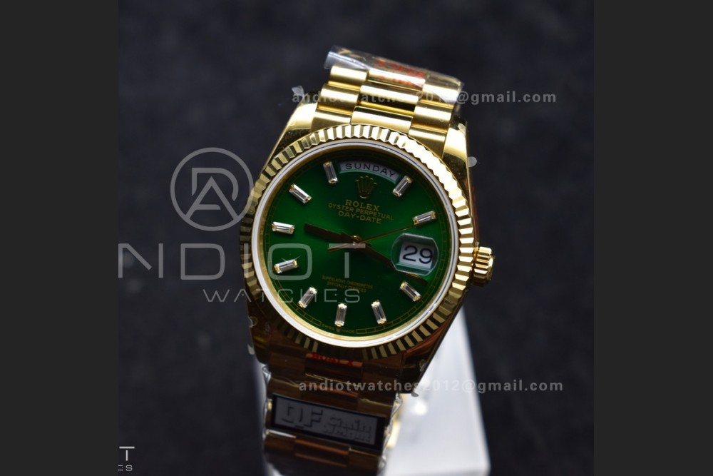 DayDate 36 YG QF Best Edition 904L Steel Green Dial with Stick Diamond on President Bracelet vr3255 V5 (Gain Weight)