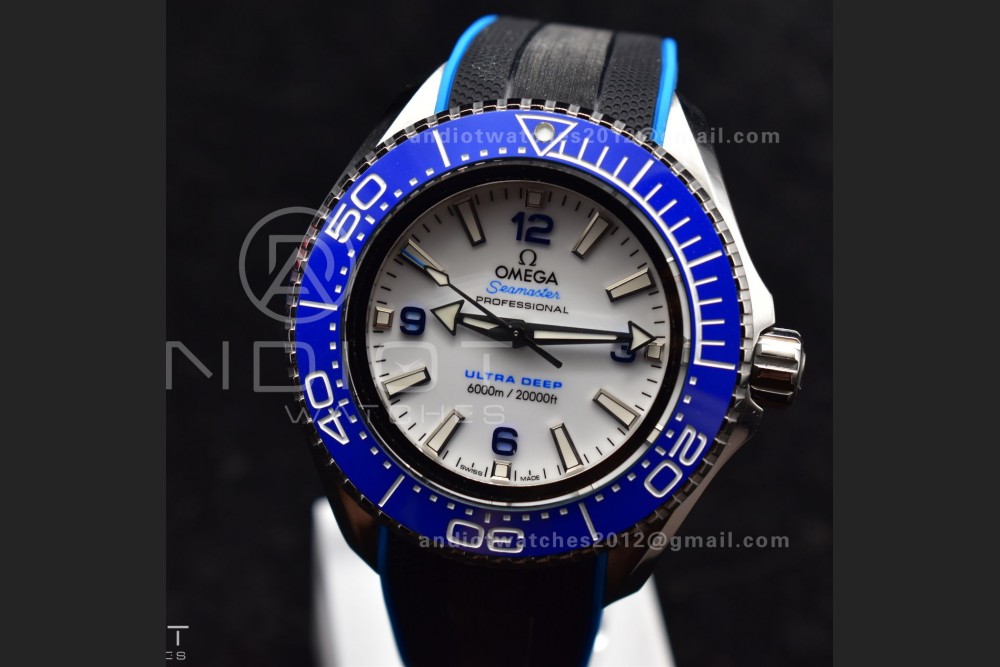 Seamaster 6000M Ultra Deep SS TF 1:1 Best Edition White Dial Blue Ceramic Bezel on Black Rubber Strap A2824