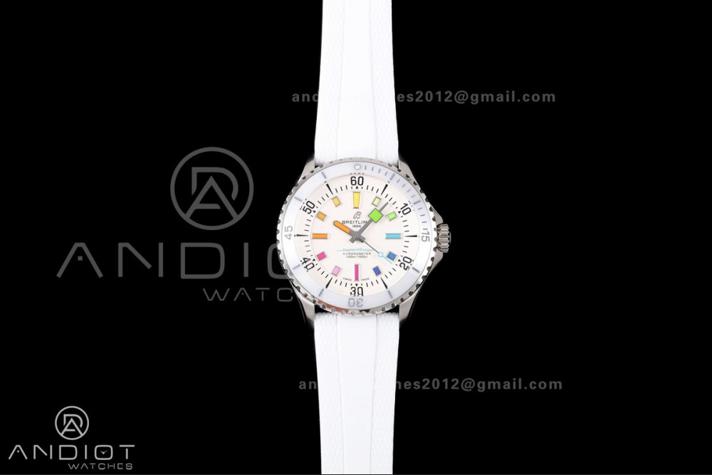 SuperOcean Automatic 42 SS BLF 1:1 Best Edition White Rainbow Dial on White Rubber Strap A2824
