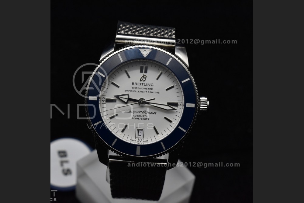 SuperOcean Heritage II BLSF 42mm SS White Dial Blue Ceramic Bezel on SS Mesh Bracelet A2824