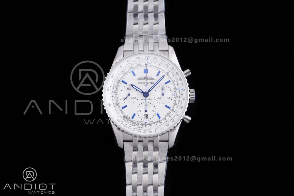 Navitimer B01 SS 43mm BLS 1:1 Best Edition White Dial Blue Marker on SS Bracelet A7750