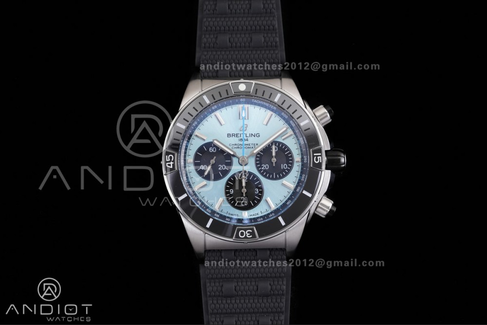 Chronomat B01 44mm SS BLSF 1:1 Best Edition Ice Blue Dial on Black Rubber Strap A7750
