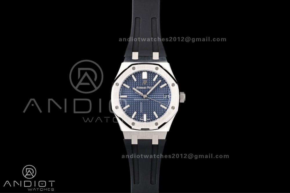 Royal Oak 15500 SS OCTA 1:1 Best Edition Blue Dial on Black Rubber Strap JH4302 Super Clone (Free Sprung)