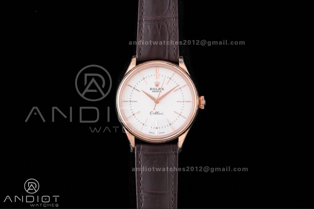 Cellini 50505 RG KZF 1:1 Best Edition White Dial Stick Markers on Brown Leather Strap SA3132