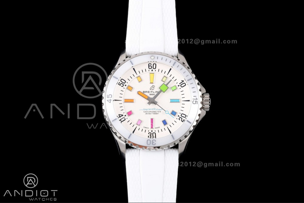 SuperOcean Automatic 42 SS BLF 1:1 Best Edition White Rainbow Dial on White Rubber Strap A2824 — photo 3