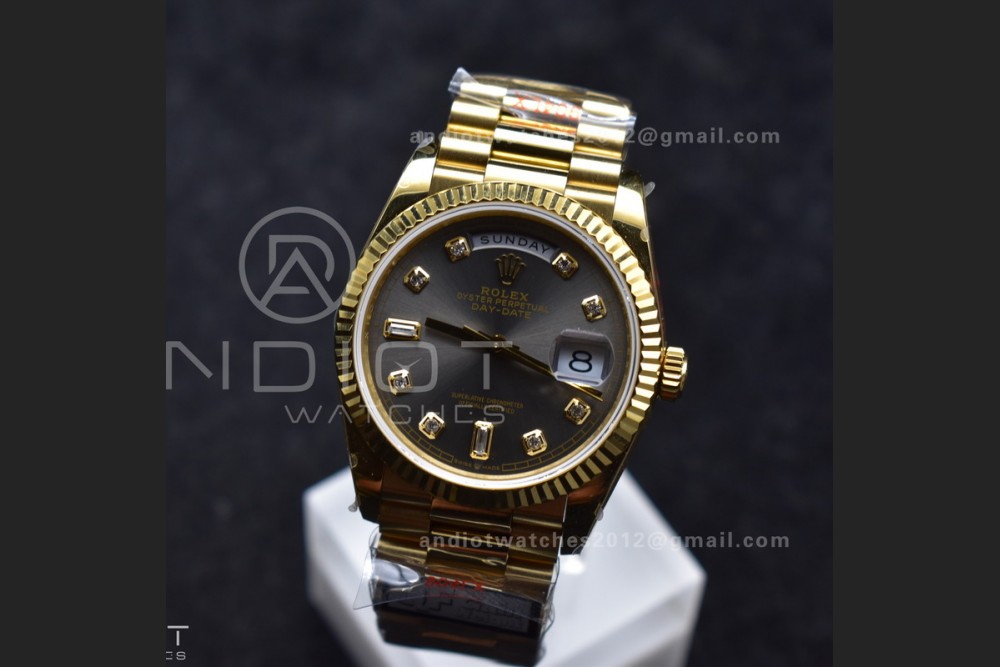 DayDate 36 YG QF Best Edition 904L Steel Grey Dial with Square Diamond on President Bracelet vr3255 V5 (Gain Weight)